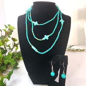 Turquoise Sead Bead Stretch Necklace with Cross Beads Matching Earrings